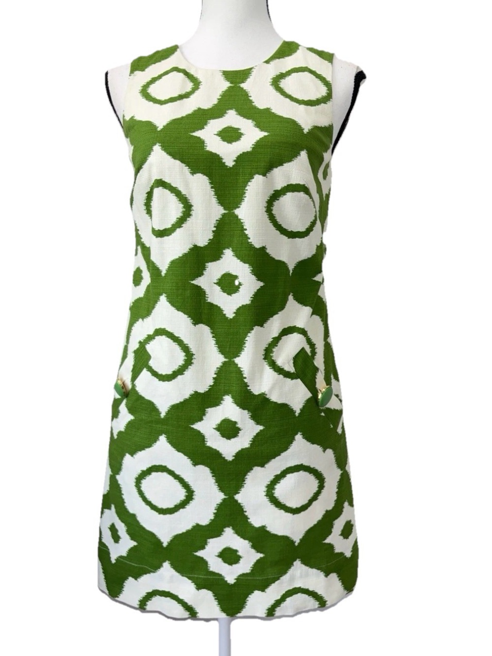 Shoshanna Green White Ikat Textured Cotton Geometric Shift Dress Sz 4 Mod Summer